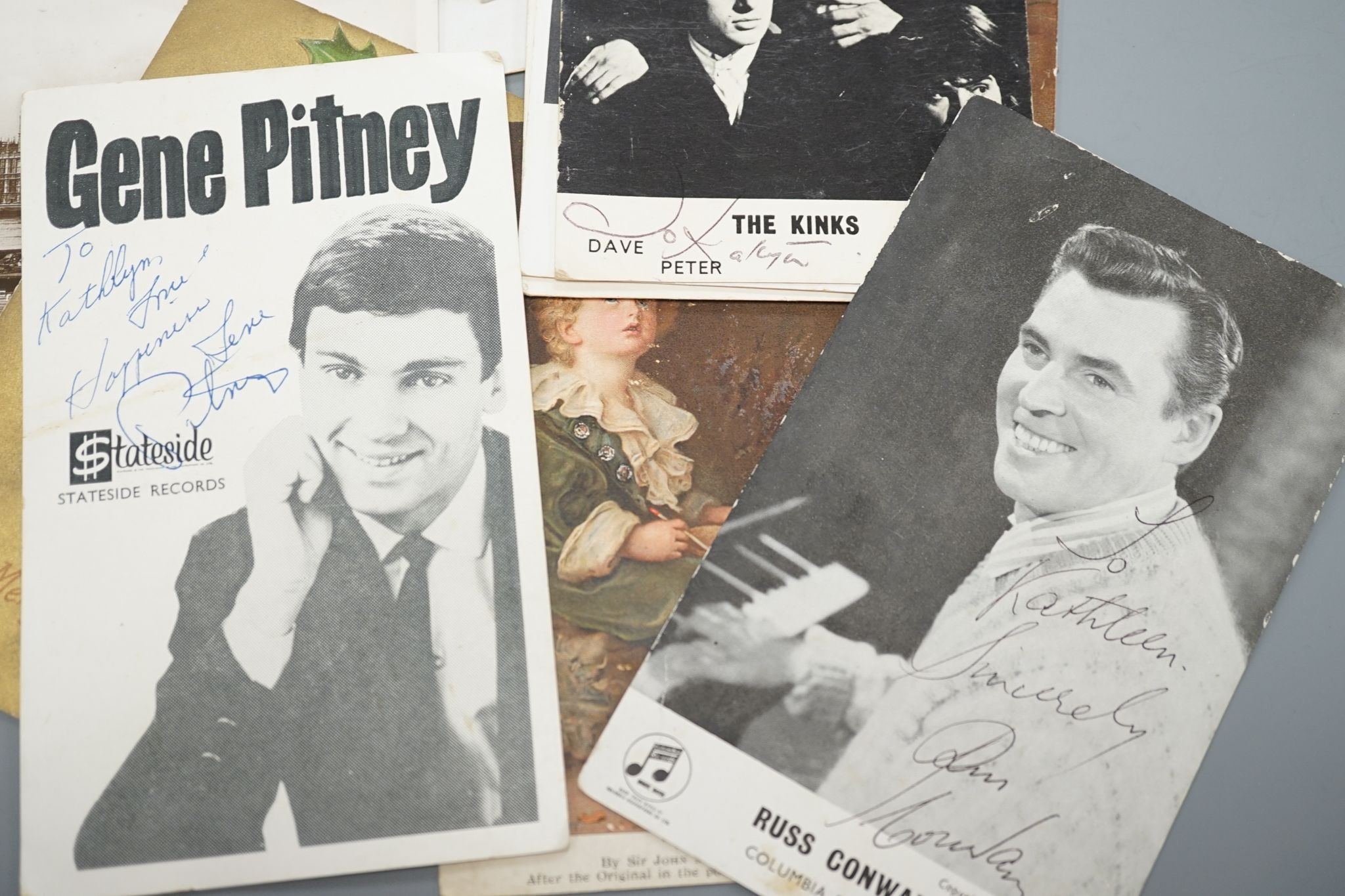 A Kinks signed postcard, Gene Pitney etc and postcards